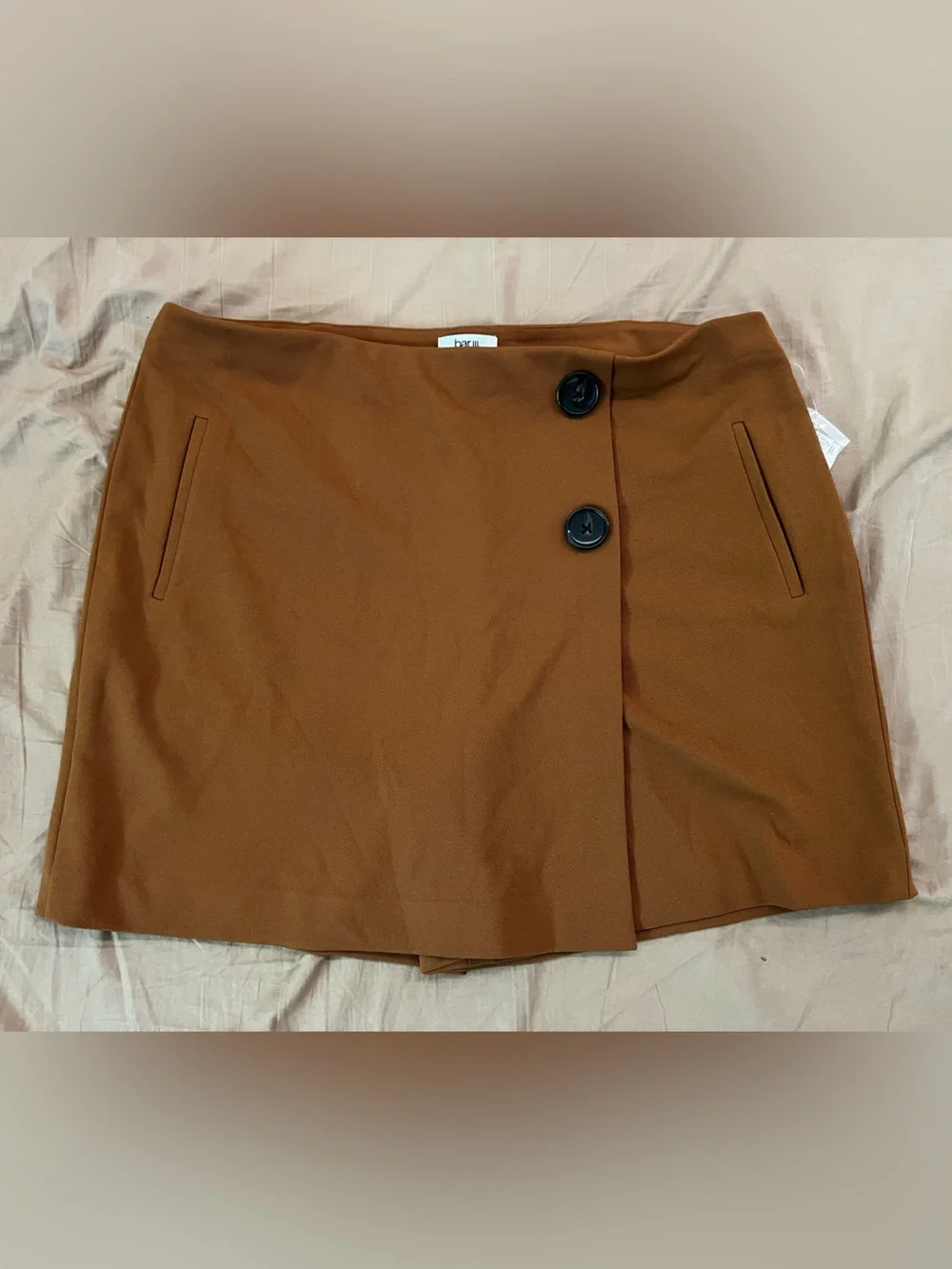 Bar III Chestnut Wrap-Front Mini Skort with Black Buttons